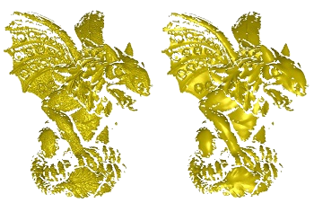 A partially scanned gargoyle model in its noisy scanned state and after denoising.