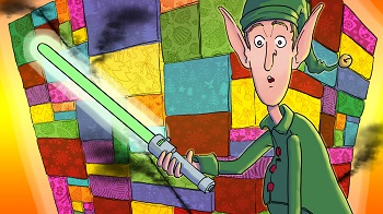 An elf with a laser-sword staring at you panicking after he accidentally cut through a cubical stack of presents.