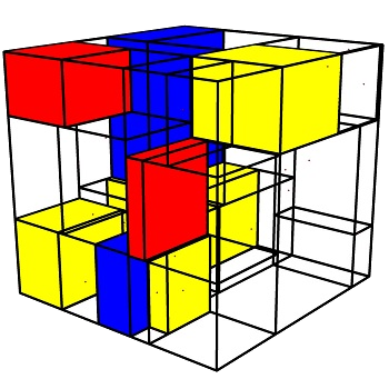 A Mondrian-like sculpture, build from black straight lines and boxes in yellow, red, and blue.
