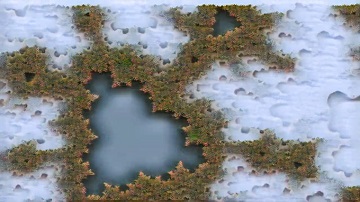 A screenshot from the video 'Mandelbrot / Momentarily II' by Martin Pham. The screenshot shows an illustration of the Mandelbrot set, altered by artificial intelligence methods.