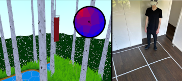 Left: A forest scene in the 'Holonomy' environment. Right: A person with a headset on standing in a square grid marked on the floor.